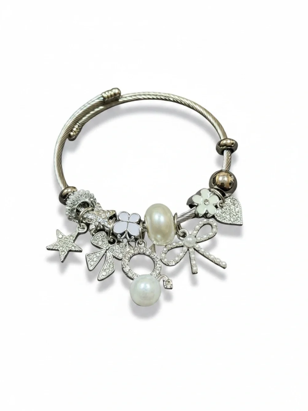 Silver Pearl & Crystal Charm Twisted Bangle Bracelet